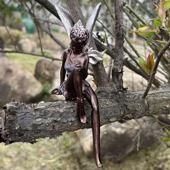 Elf Sitting Resin Figurine Silvery Wings & Curls in Her Hair Bronze *Last one* - Picture 2 of 5